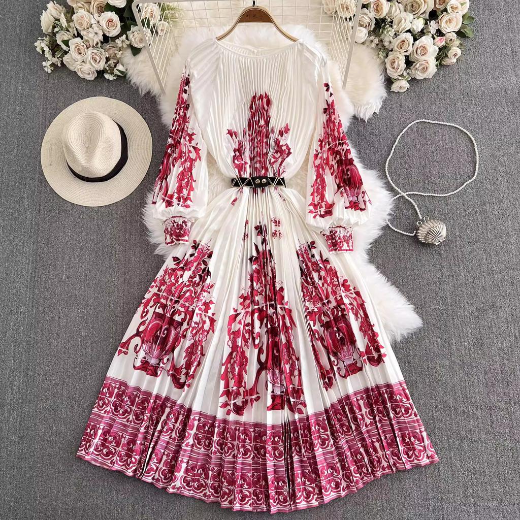 Outono Plissado Lindo Estampa Floral Vestido Longo de Férias Feminino Gola Redonda Manga Lanterna Cinto Elástico Alto Roupas Longas