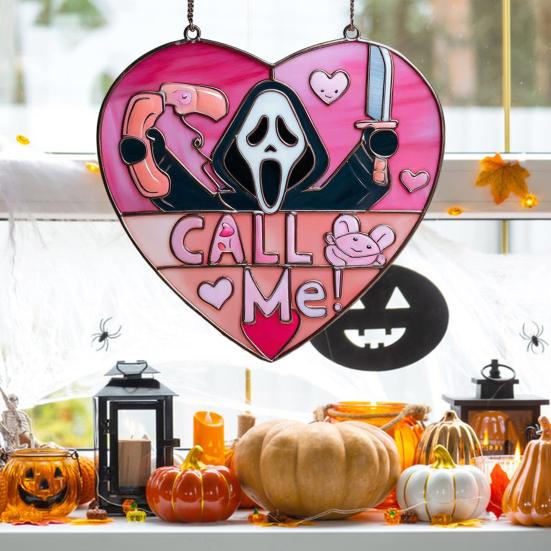 Pink Ghost Suncatcher Halloween Stained Glass Scream Ghost Decoration Acrylic Window Hanging Ornament for Home Office Kitchen Living Room Wall Decor