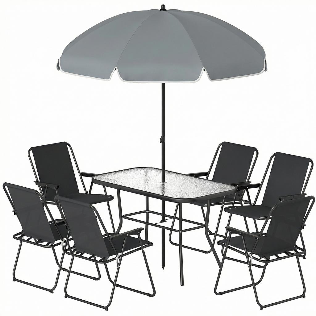 8-Piece Garden Set with Parasol, 6 Folding Chairs and Tempered Glass Outdoor Table, Black