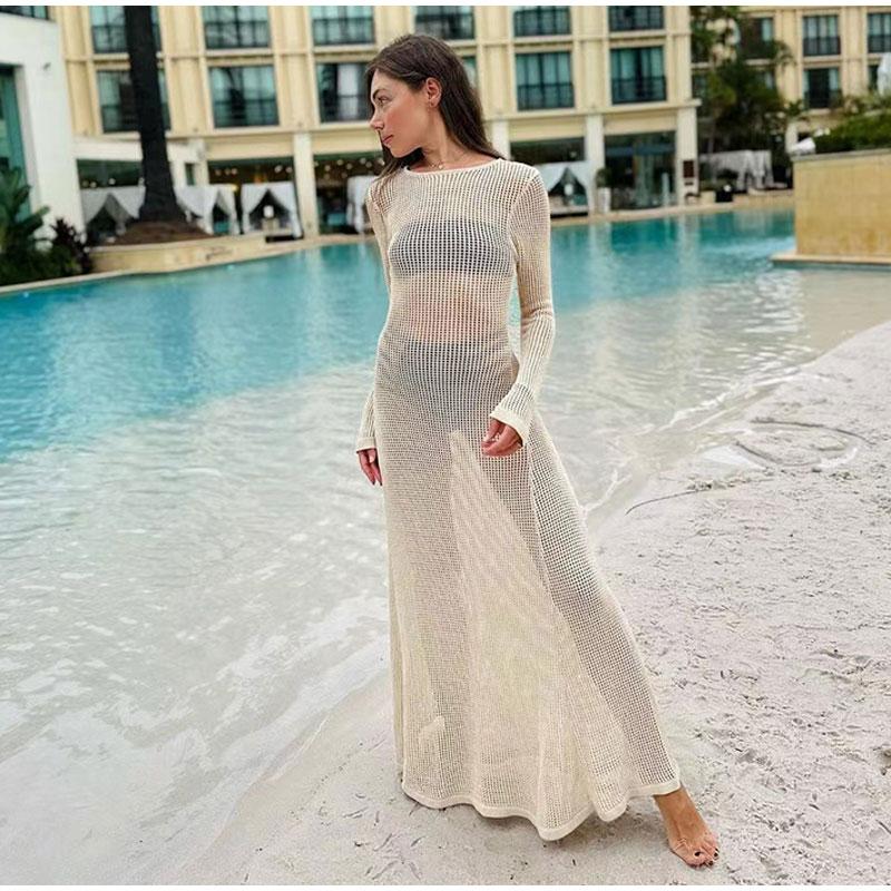 

Сексуальное трикотажное пляжное платье для женщин с открытыми плечами и длинными рукавами, женские платья, летнее прозрачное праздничное платье S чёрный