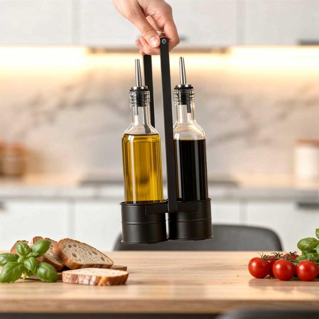GLASS BOTTLES FOR OIL VINEGAR 2x 250ml IN A STAND 229274