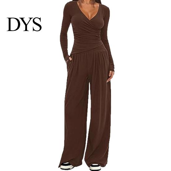 Stilvoller lockerer Damenanzug Damen 2-teiliges Loungewear-Set V-Ausschnitt Langarm-Oberteil Einfaches einfarbiges Outfit Und Weitbeinige Hosen Set Frühling Herbst Freizeit