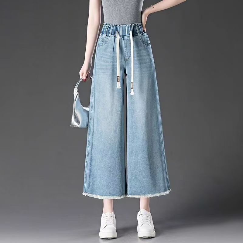 Damenjeans Damen Sommer Locker Gerade Bein Hose Elastisch Rohe Kanten Weitbeinige Hose
