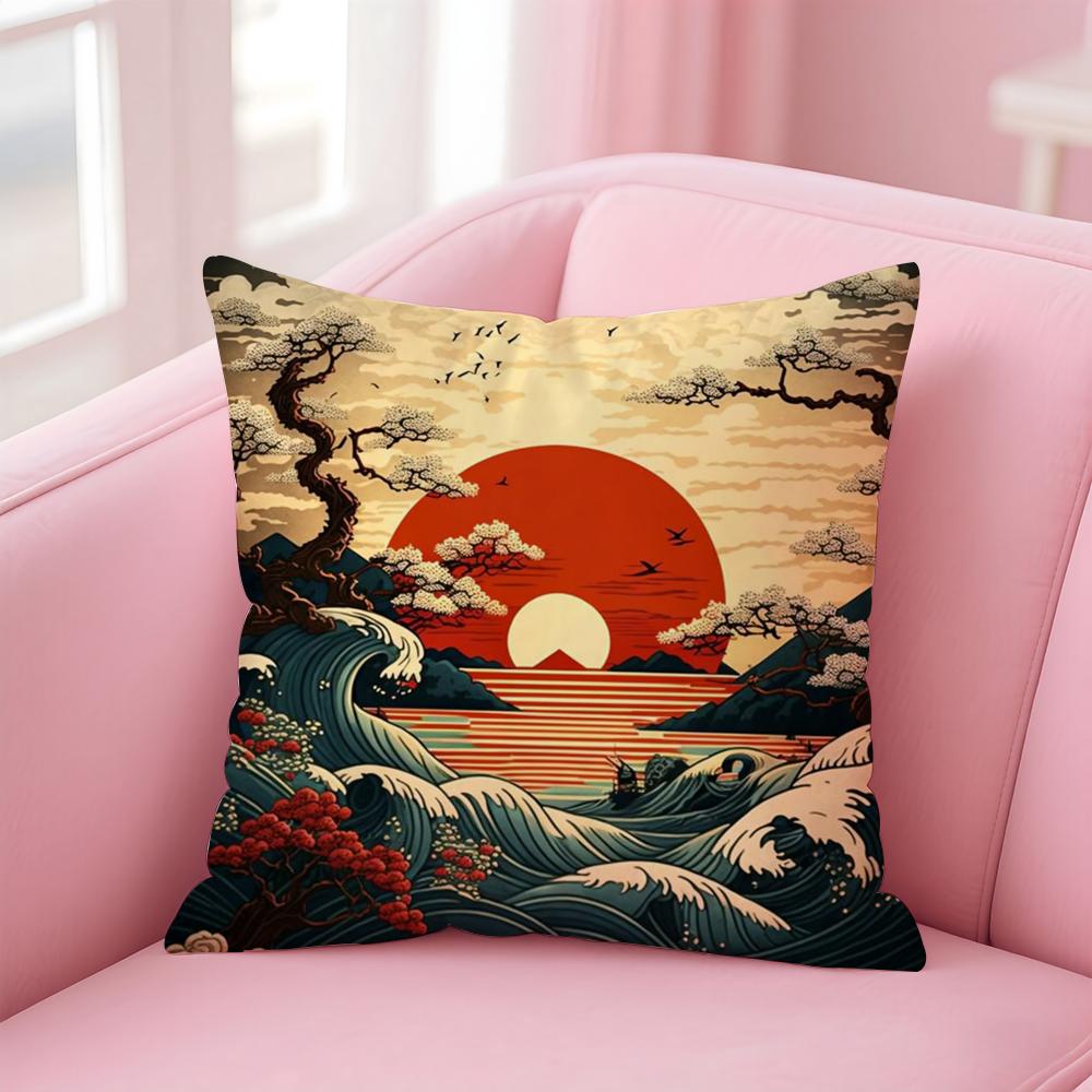 Japanese Waves Cushion Cover Linen Pillowcase Cover Soft Decor for Sofa Home Room