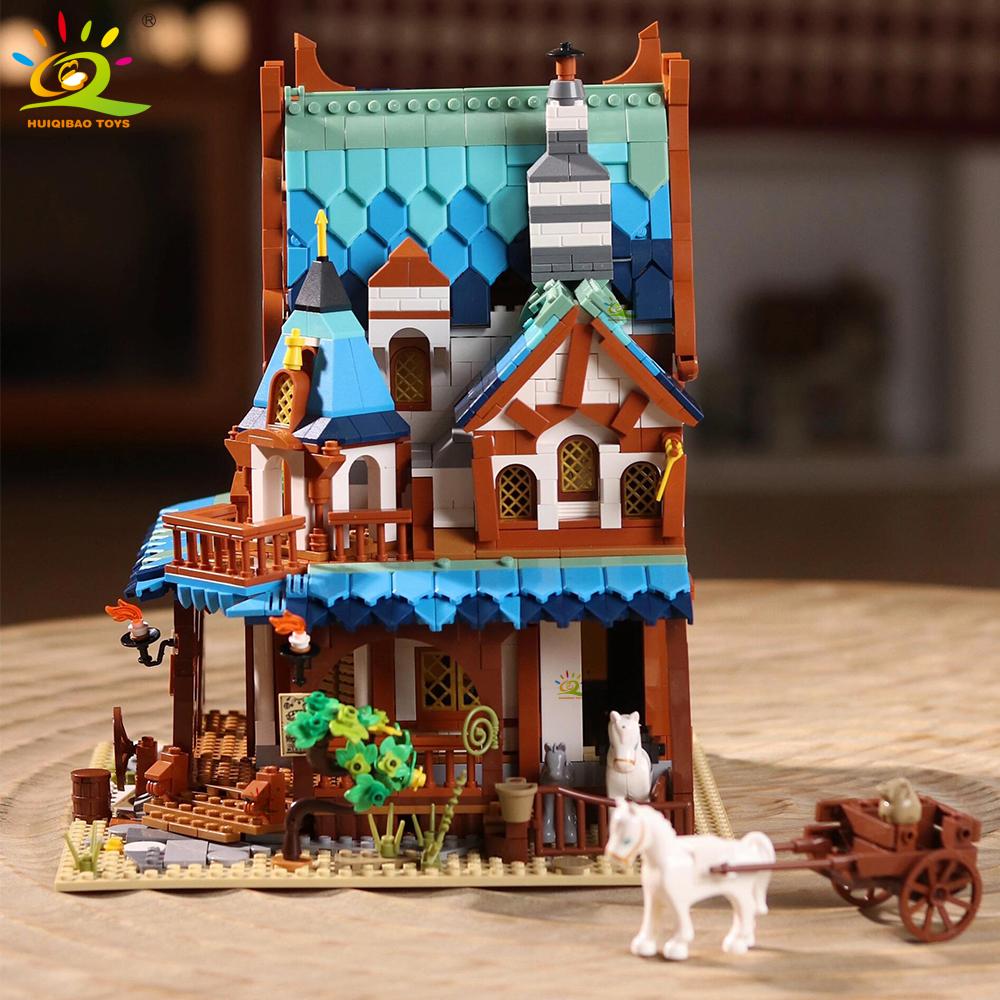 HUIQIBAO MOC Burgstadt Mittelalterlicher Architekturstil Haus Mikro-Bausteine Mini Ziegel Konstruktionsspielzeug für Kinder Geschenke