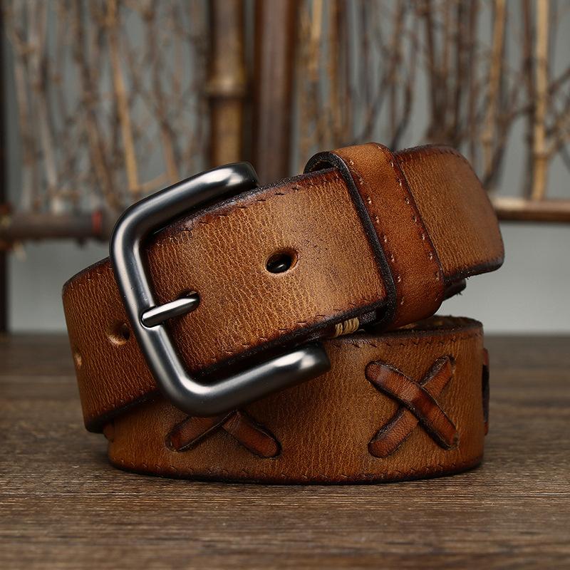 New Retro Fashion Personality Trend Versatile Woven First Layer Cowhide Pin Buckle Belt Men'S Genuine Leather Jeans Belt