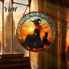 Unique Birthday Gift for Her Halloween Moon Black Cat Suncatcher Jigsaw Puzzle, 2D Acrylic Mystical Feline Window Hanging Tiffany Style Light