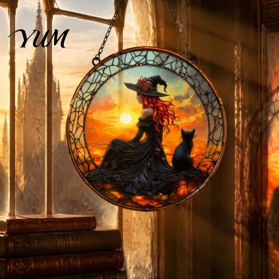 Unique Birthday Gift for Her Halloween Moon Black Cat Suncatcher Jigsaw Puzzle, 2D Acrylic Mystical Feline Window Hanging Tiffany Style Light