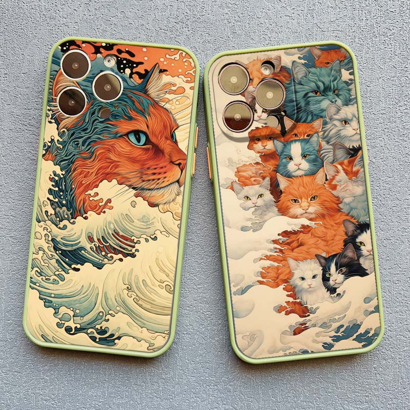 Sea Waves And Cat Phone Case For Iphone 7 8 Plus SE2 15 16 Plus 13 12 Mini X XR XS 15 11 12 13 14 Pro Max Shockproof Back Cover