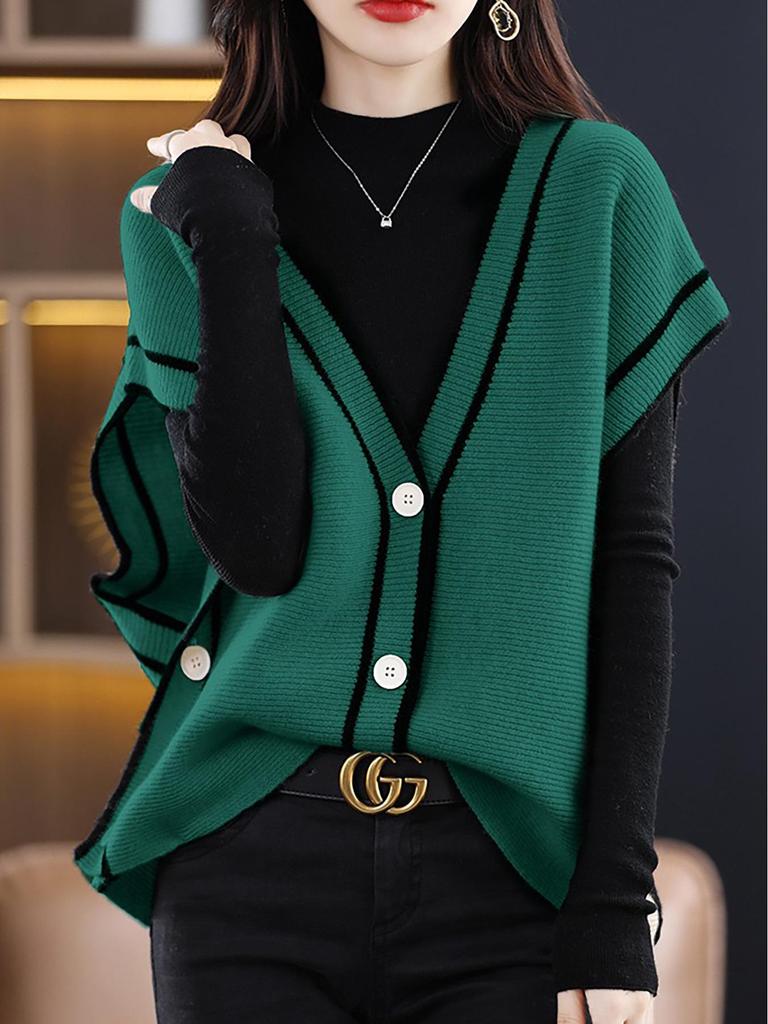 European & American V-neck Color Block Fleece Knit Vest - Autumn Loose Fit