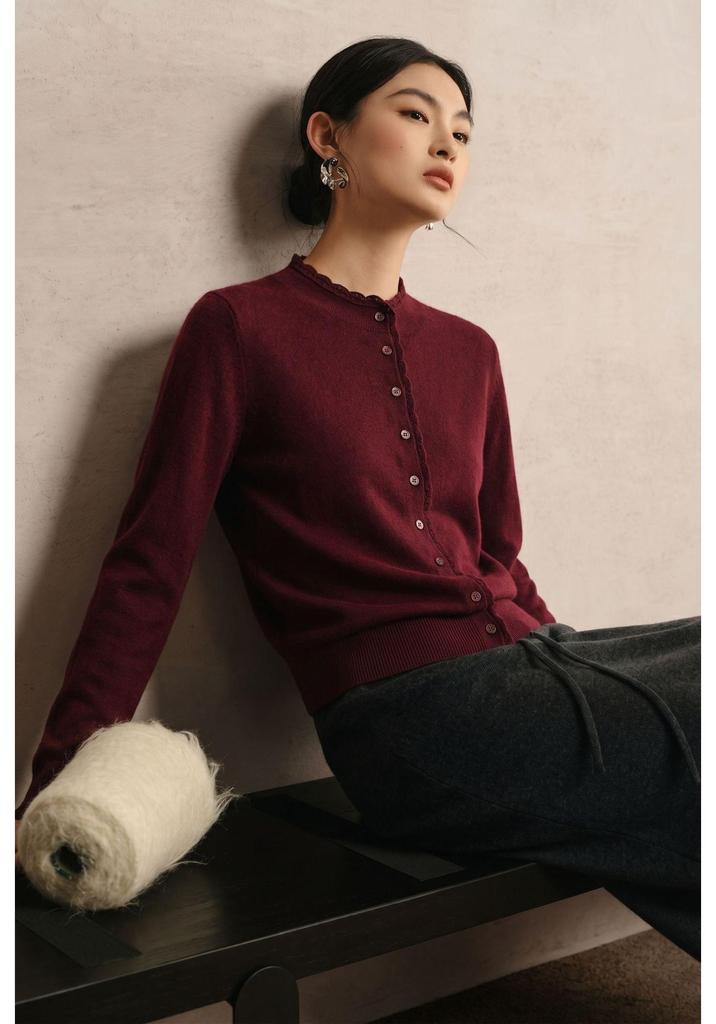 Pure Wool Women's Lace Trim Cardigan Sweater - Autumn/Winter Collection