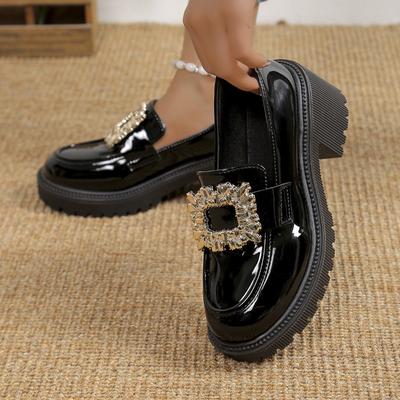 Chaussures à boucle carrée en strass pour femmes 2024, nouvelles escarpins à bout rond, chaussures Mary Jane en cuir verni noir, mocassins à enfiler pour dames