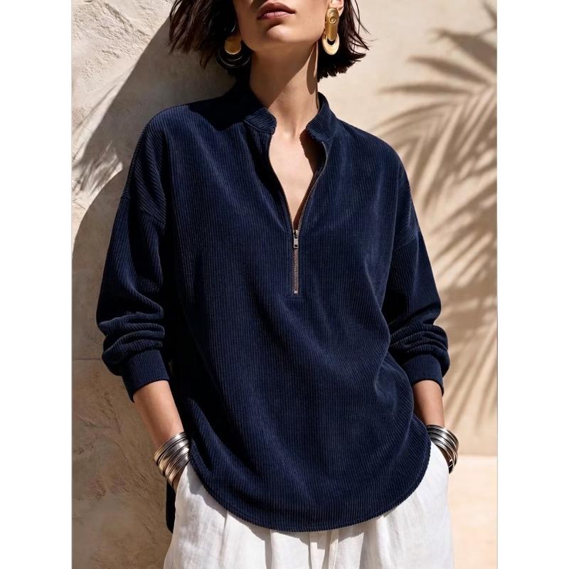 Women S Solid Stand Collar Long Sleeve Loose Corduroy Top