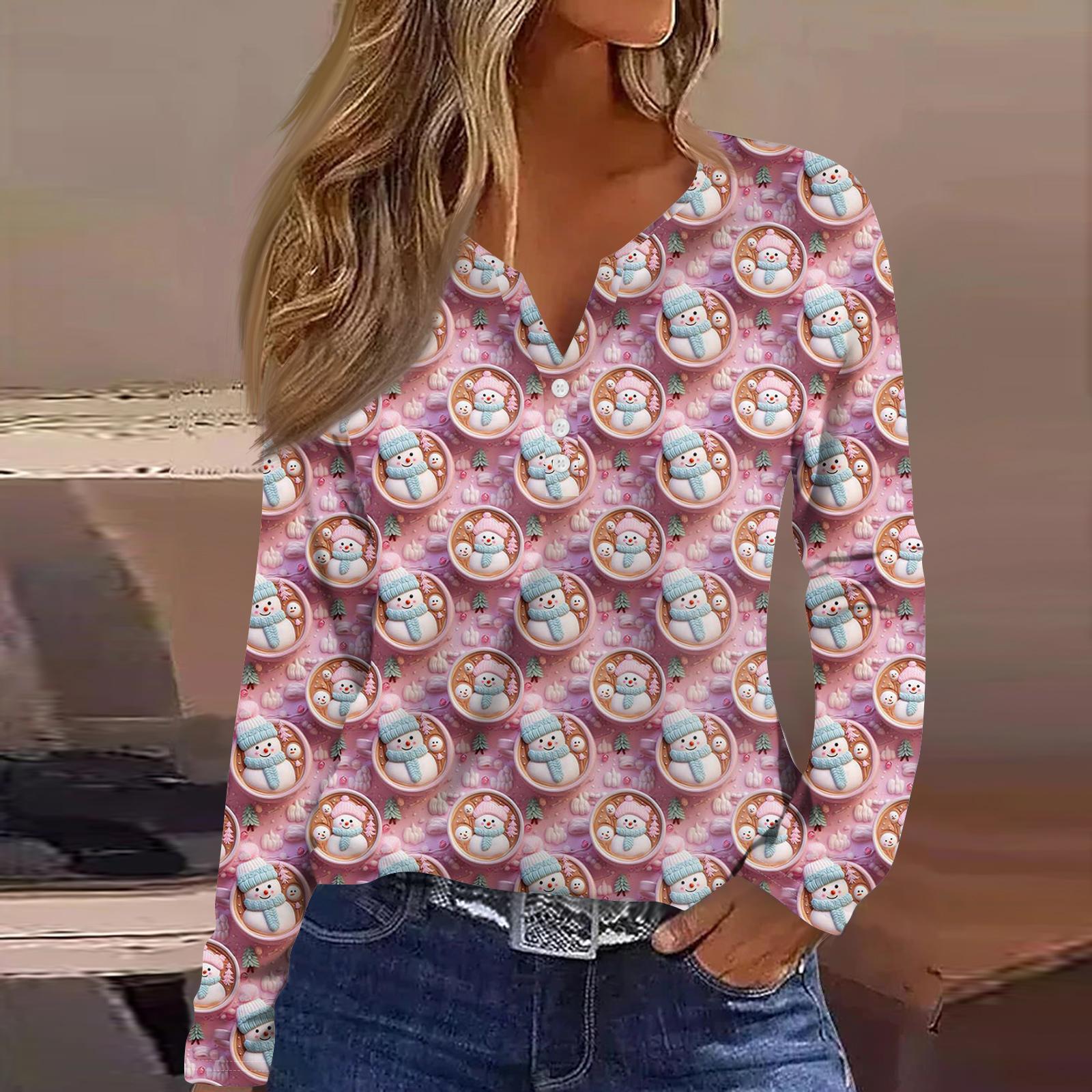 

Women s Fashion Casual V-Neck Button-Up Long-Sleeve T-Shirt With Christmas Print Top XL