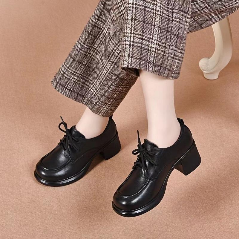 Women's new spring and autumn thick heel deep mouth lace-up to increase height and thin muffin bottom versatile work small leather shoes
