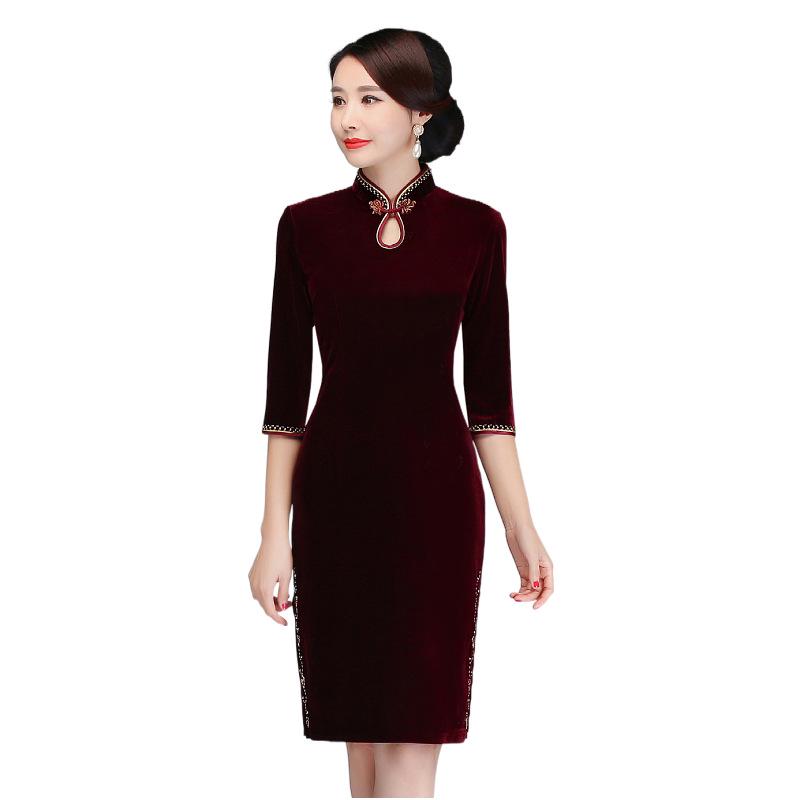 Brand Velvet Plus Size Cheongsam Evening Dress for Middle-Aged Women - Wedding & Banquet