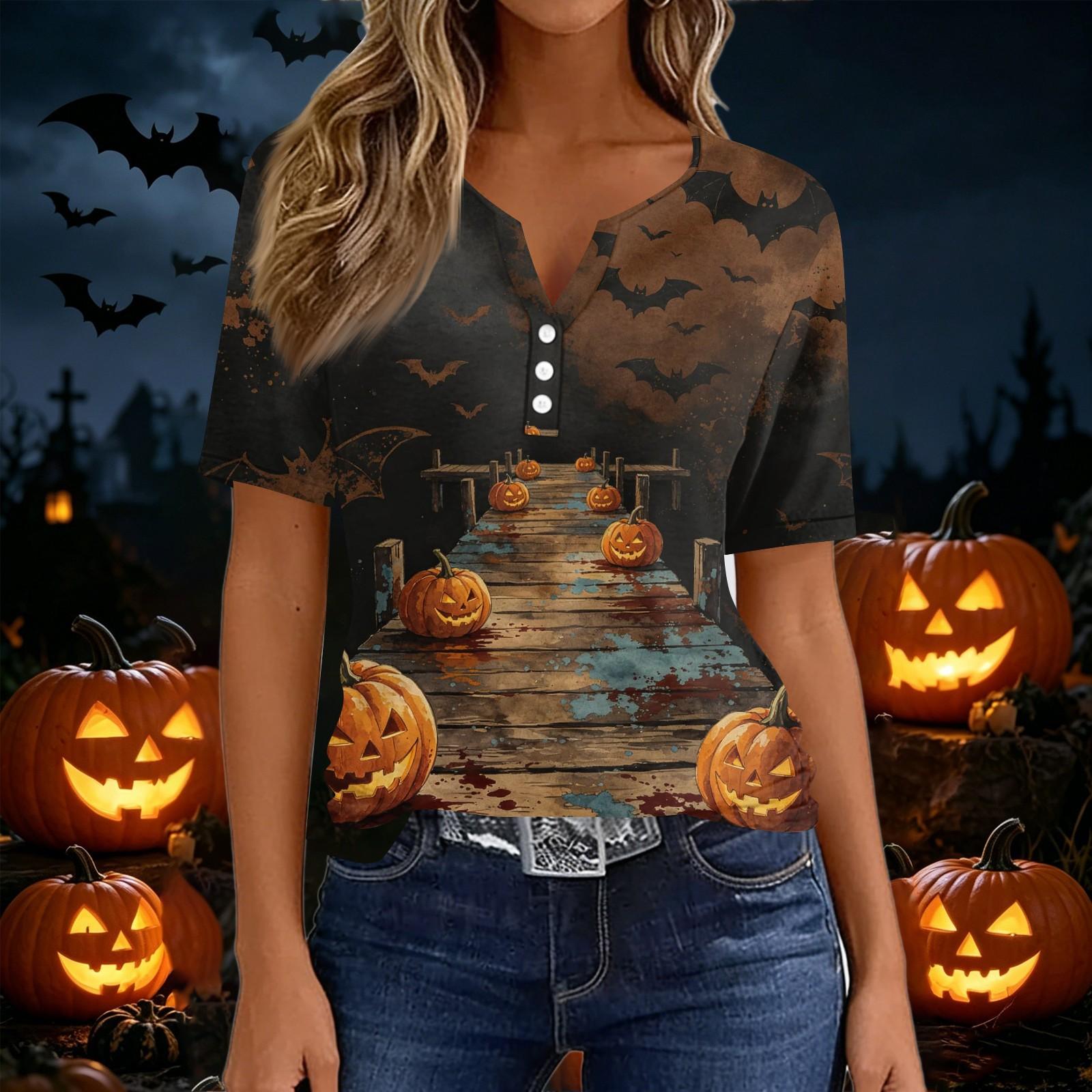 Women s fashion casual V-neck short-sleeved Halloween printed T-shirt top L
