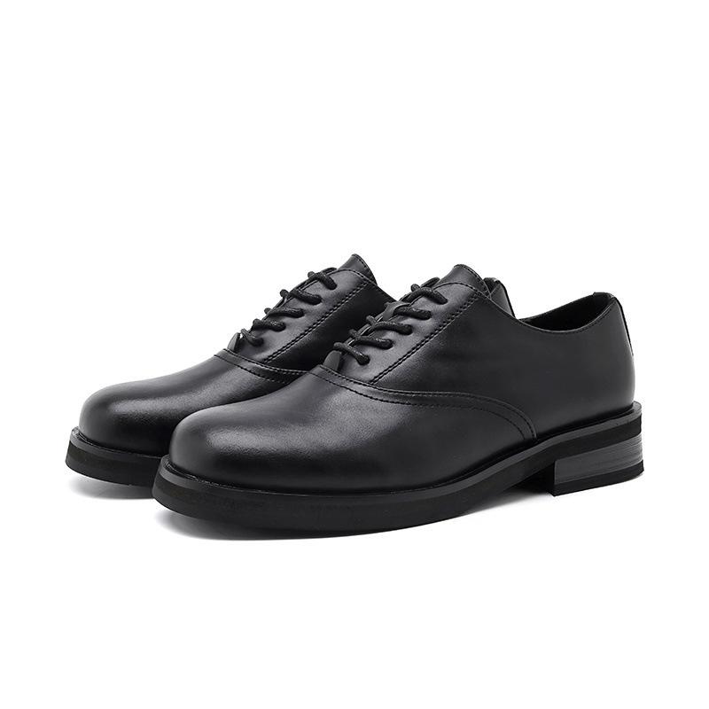 

2025 new brown leather shoes men s round head thick sole heightening wedding groom shoes high sense niche casual derby shoes 38 чорний