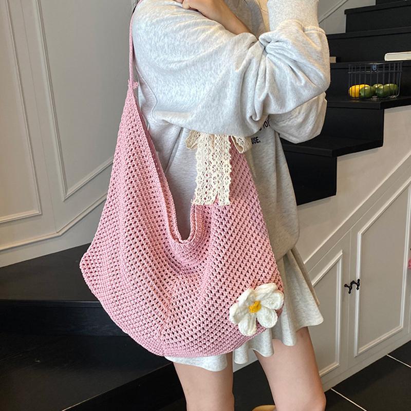 Simple Handmade Knit Shoulder Bag Bohemian Solid Color Crochet Tote Bag Large Capacity Hollow Out Woven Handbag Vacation