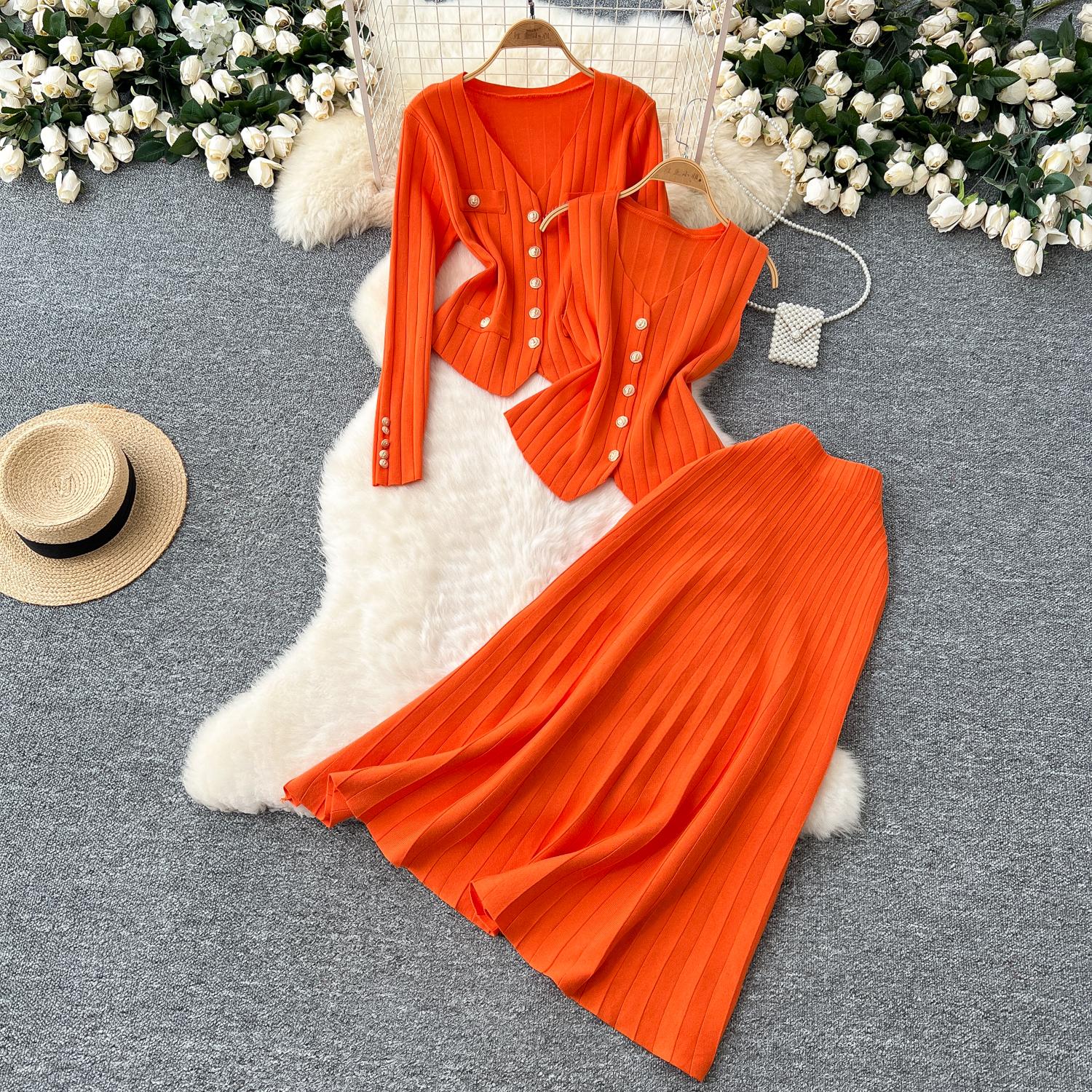 

Комплект из 3 предметов для пожилых людей Knitt Vintage, женские топы с V-образным вырезом и длинными рукавами, однобортные топы с эластичной талией, узкая юбка, теплые костюмы на осень One Size оранжевый