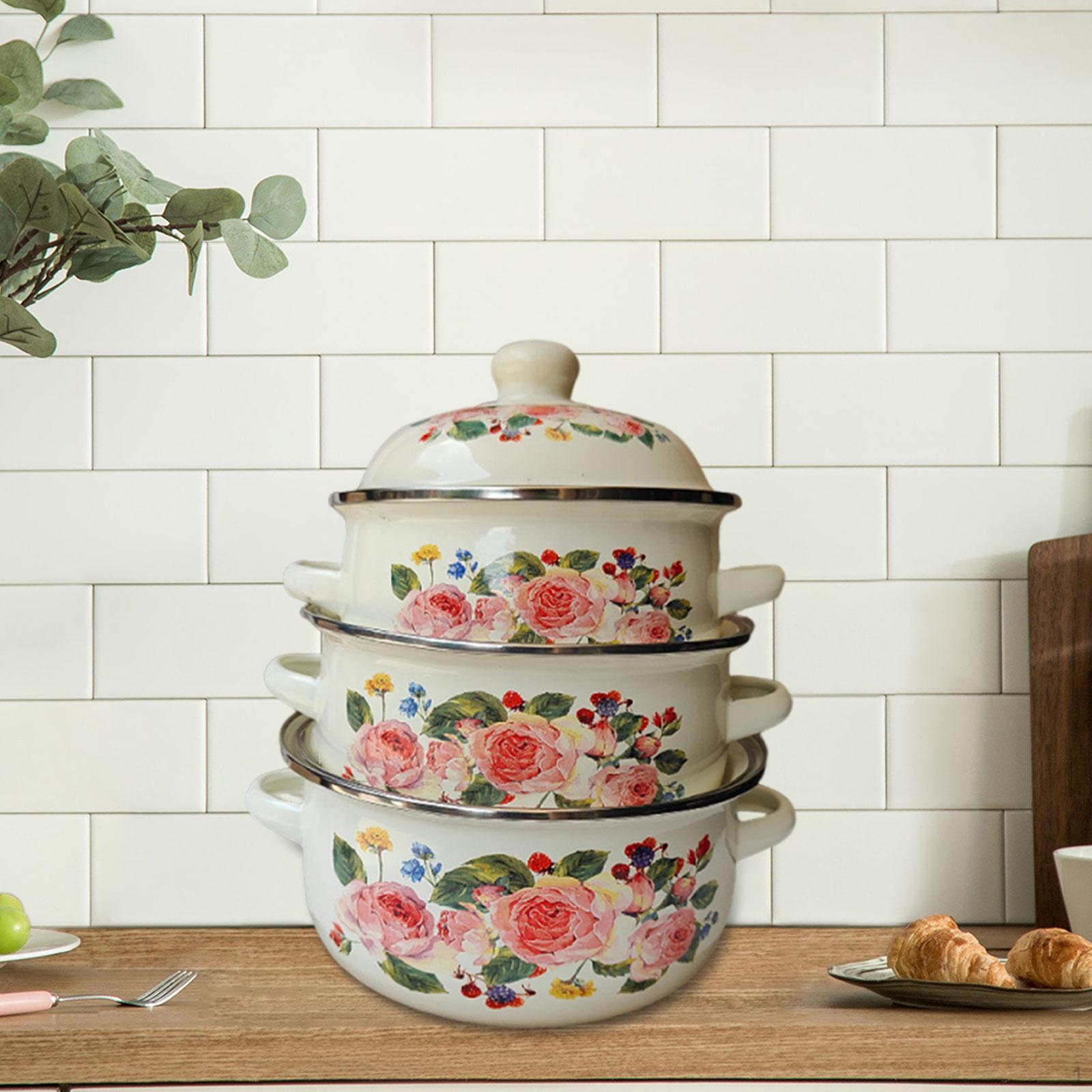 

3 Эмалированные кастрюли с крышками, Кастрюля для тушения фасоли, Мультиварка, Набор кастрюль, Плоское дно для еды Style C