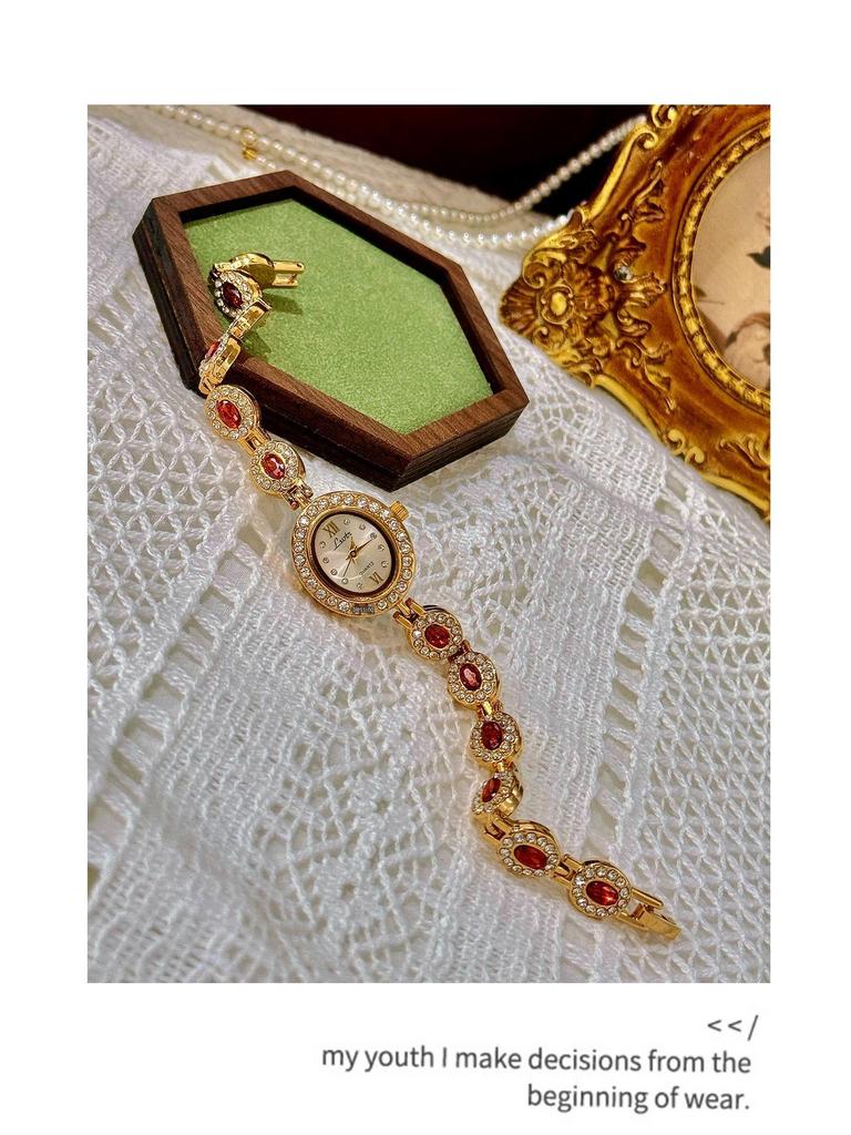 LSVTR Women's Vintage Trendy Oval Red and Green Gemstone Rainbow Light Luxury Watch