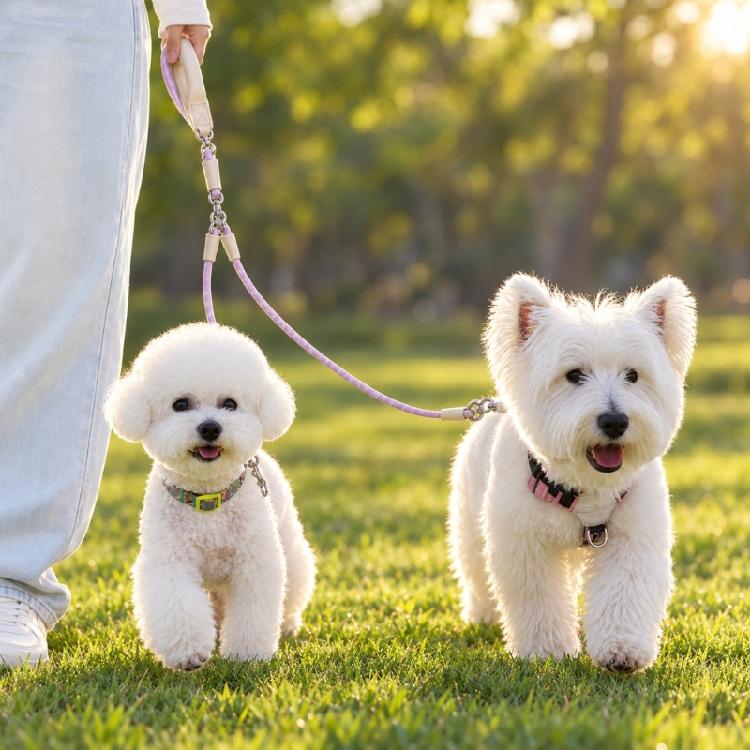 Two-Dog Rope with Braided Rope Construction, Cushioned Handle, and Rotating Connector for Neighborhood Walking Use