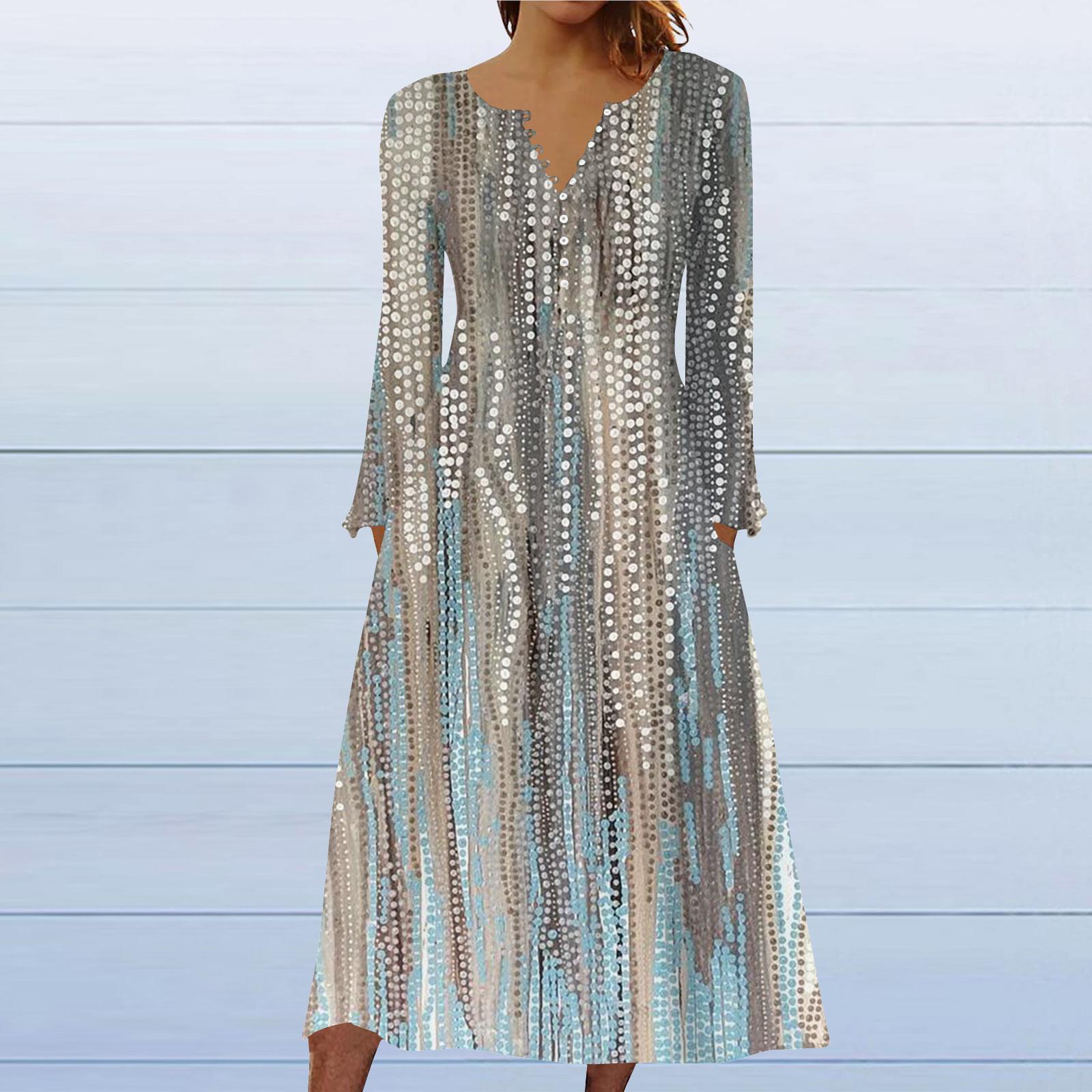 

Fashion Women s Casual Fashion Color Pocket V-neck Pullover Long Sleeve Dress XL бежевий