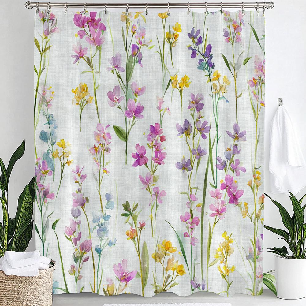 Colorful Flowers Shower Curtain for Bathroom Spring Floral Romantic Wildflower Plants Nature Scenery Decor Curtain with Hooks