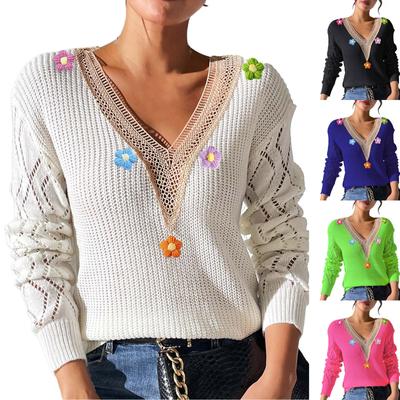 Women's Loose Casual Lace V Neck Long Sleeved Knitted Pullover Sweater Top Sweater Top