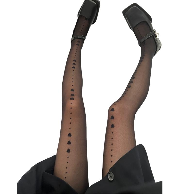 Vintage Elegant See Through Tights with Heart Bows Dots Patterned Aesthetic 90s Black Sheer Pantyhose Hosiery for Women