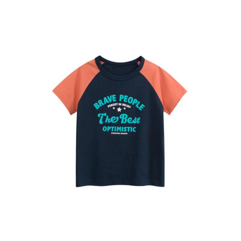 27Kids Children s Clothing Summer Half Sleeve Kids Letter Short Sleeve T-shirt Baby Boy Raglan Sleeve Clothes Boy 100% Cotton Coat 9A011 Noble Blue/Dark Orange 110