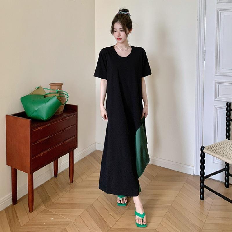 Summer Women's Dress Loose Plus Size Casual Patchwork Colour Irregular Hem U Neck Short Sleeve Dresses
