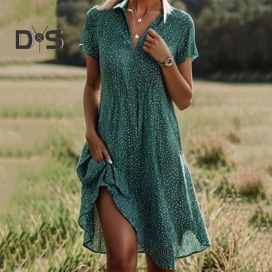 Summer Dress Dot Printing Short Sleeves Loose A-line Shirt Dress V Neck Knee Length Midi Dress for Dating Travel Vacation