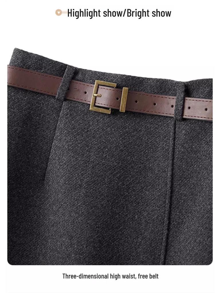 Luxury Gray Wool A-Line Midi Skirt for Women - Elegant Autumn/Winter 2024 Hip Wrap with Slit