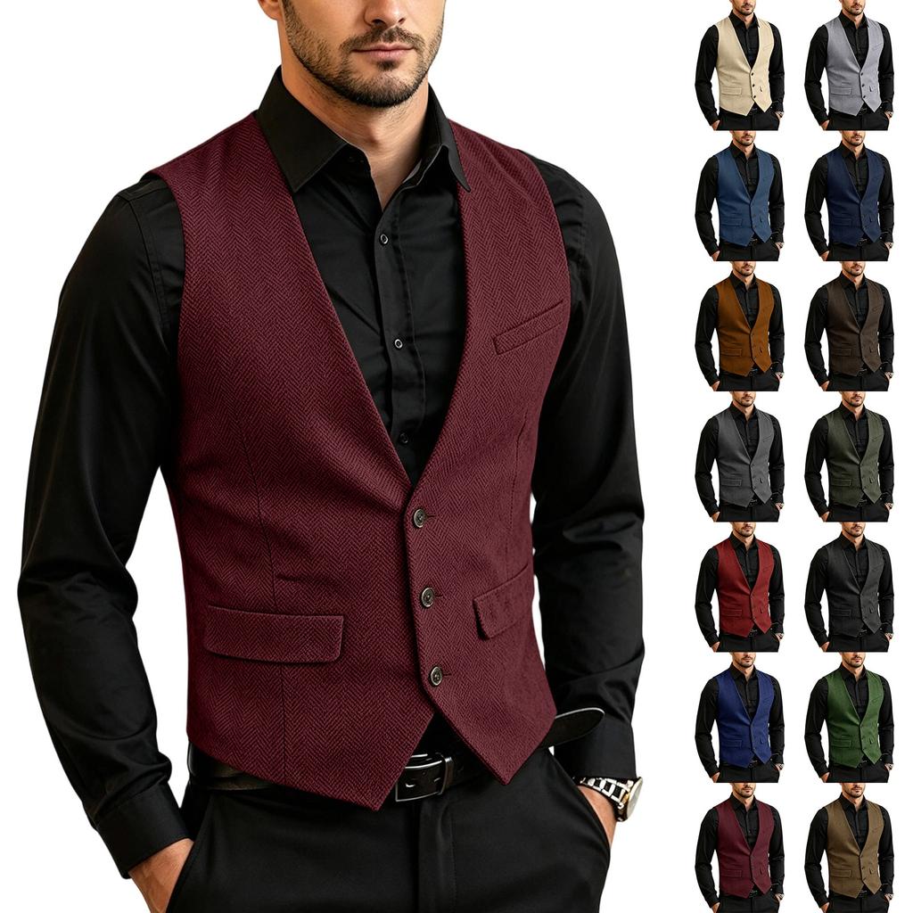 Herren Business Weste Slim Fit Formale Weste Knopfleiste Anzugweste mit Mehreren Taschen für Büro und Freizeit