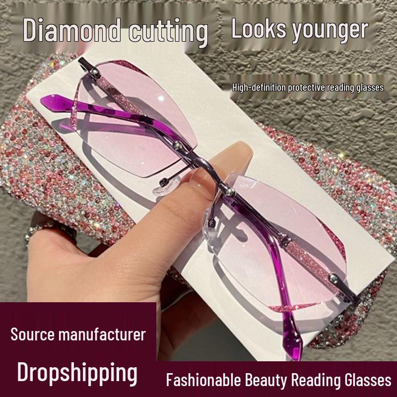 Damen Ultraleichte Brille mit Diamantenbesatz, randlos, Blaulichtfilter - Modisch für Mittelalte und Ältere