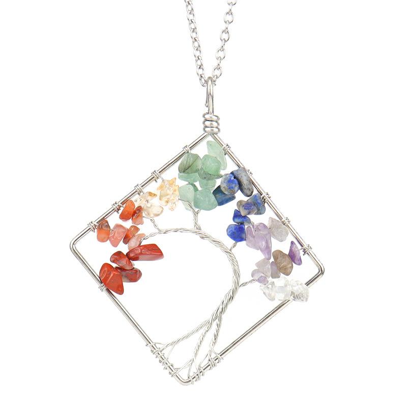 Wrapped Colorful Natural Stone Crystal Square Curved Tree Of Life Pendant Necklace N08 Fresh And Sweet