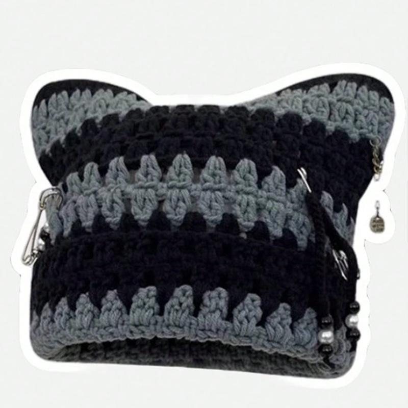 Neutral Hand Crocheted Knitted Pullover Hat with Detachable Metal Pin Tassel Y2K Street Fashion Hip Hop Hollowed Punk Style