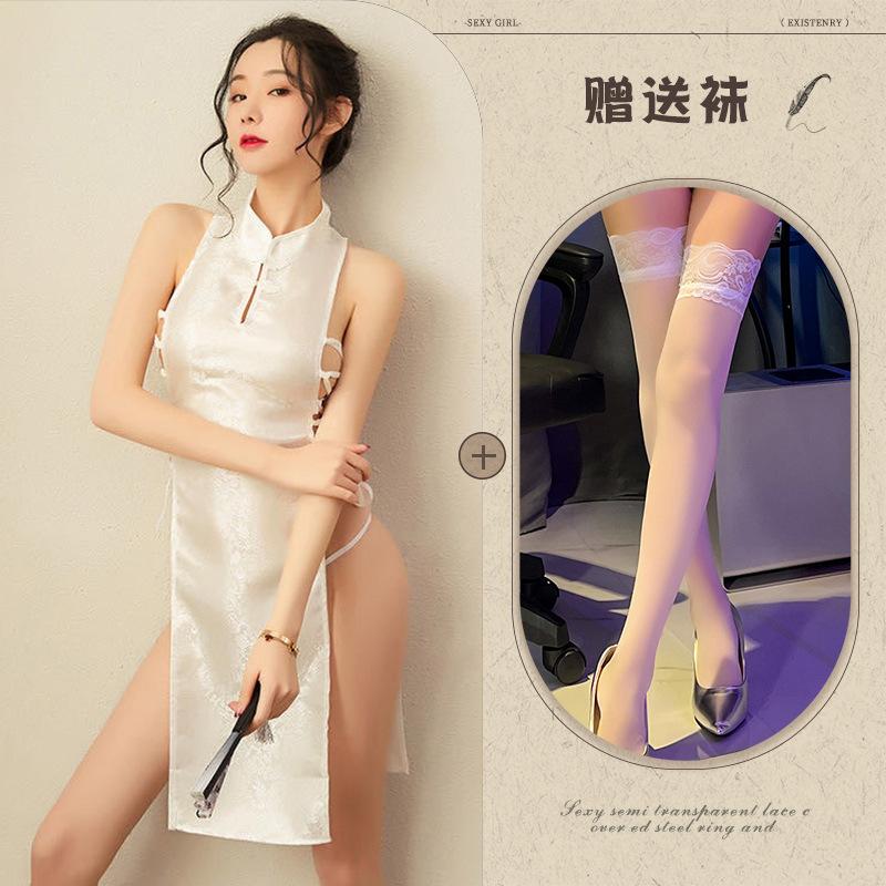 Sexy sex straps uniform temptation jacquard satin retro cheongsam unglazed brick saffron tea Shenzhou research