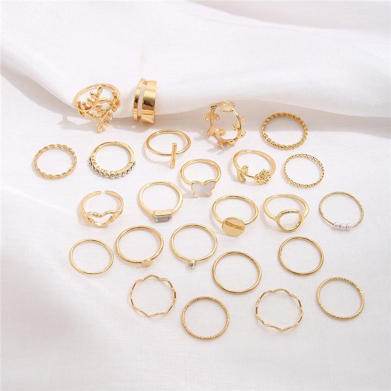 Vintage Gold Color Heart Rings Set For Women Men Hollow Butterfly Pearl Crystal Geometric Rings Trendy Finger Jewelry