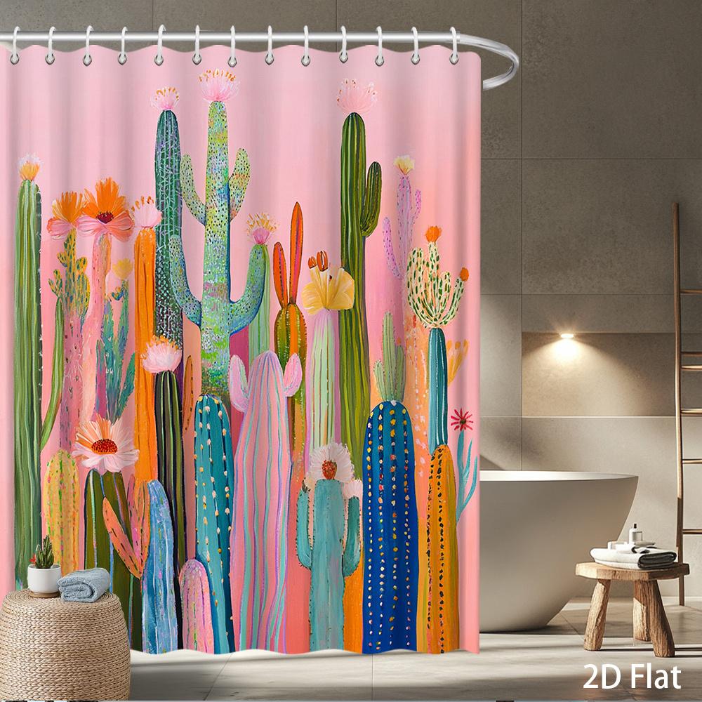 

1Pc Desert Botanical Shower Curtain Abstract Cacti & Blossoms In Pink, Teal, Coral On Rose Ground, Print For Bathroom Decor W60H190(CM)-1 Pcs