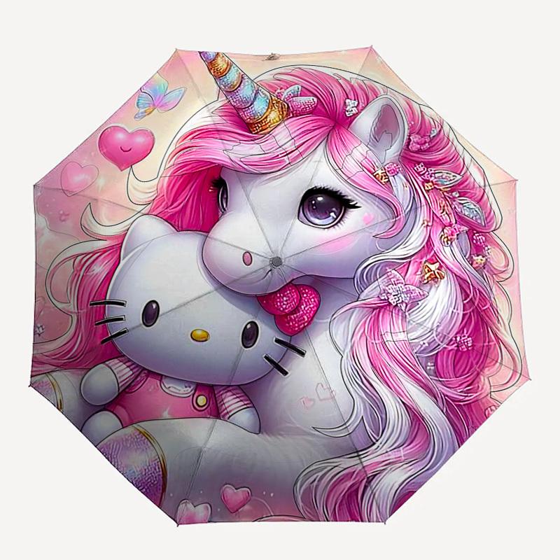 

1pc Unicorn Hello Kitty umbrella automatic open/close, 8-Rib Durable Frame, Compact Folding Design, Ideal Birthday/Holiday Gift 1161A