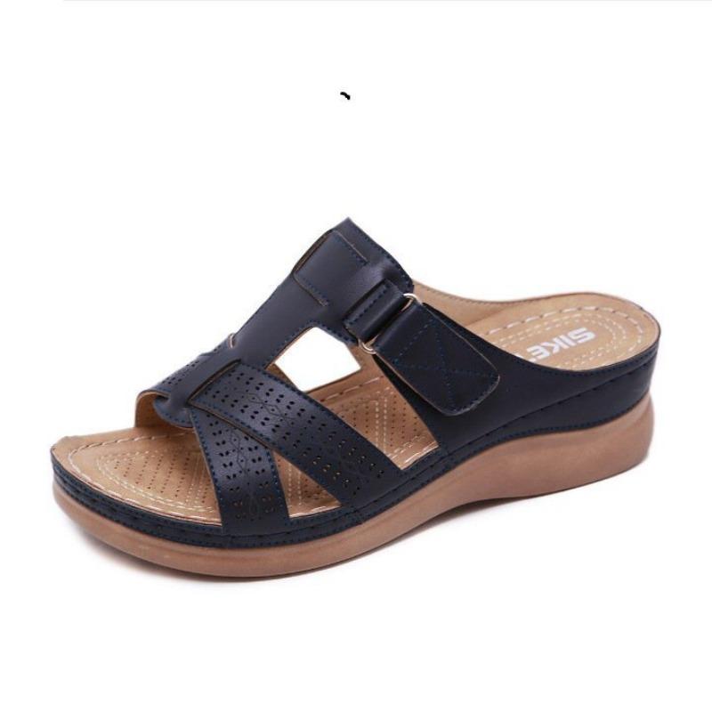 Damenschuhe Sommer Neu Ein-Riemen Hohl Fischmaul Keilabsatz Klettverschluss Coole Hausschuhe Damen Große Größe Damenschuhe