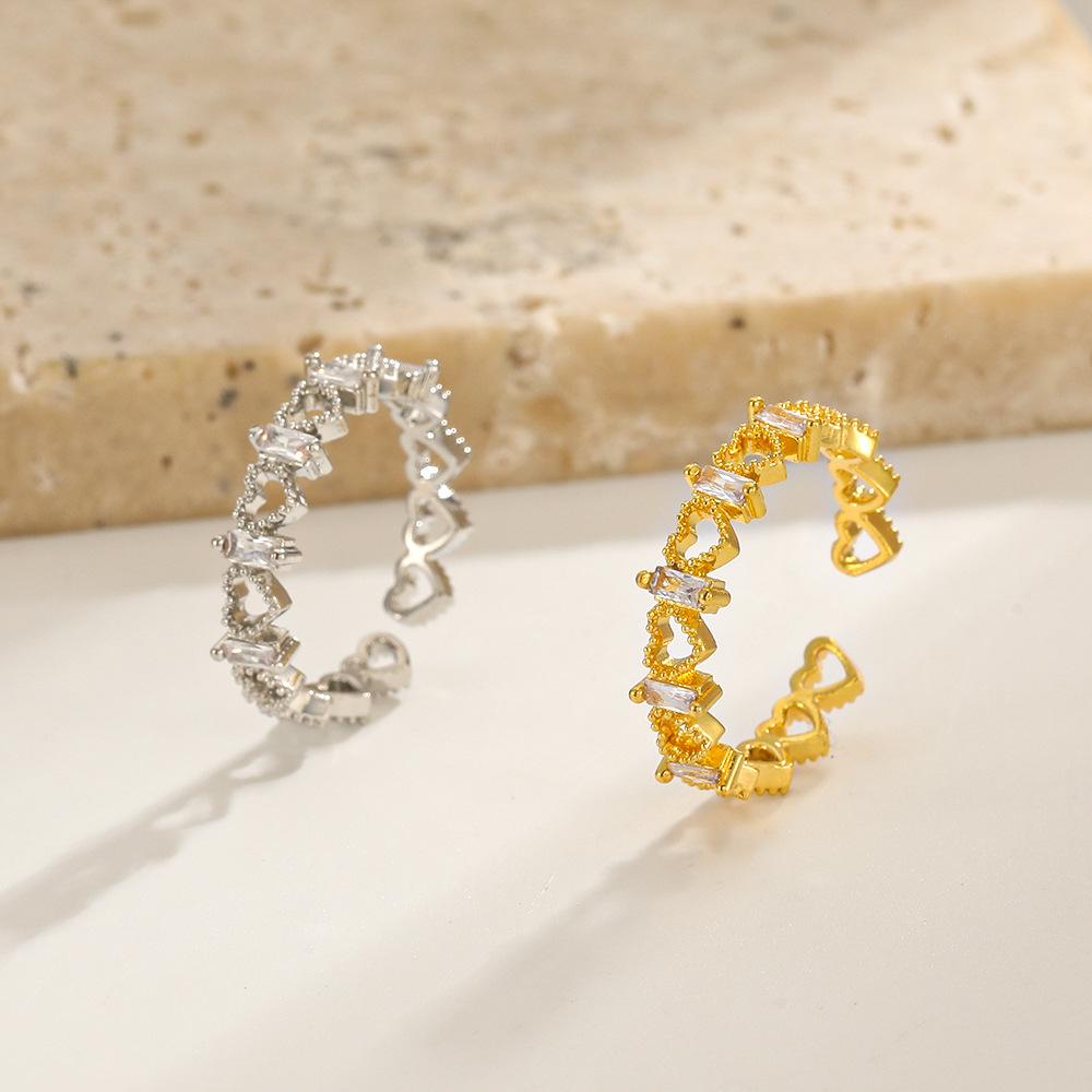 Fashion micro-inlaid square zircon light luxury ring women's Japan and Korea personality hollow love heart ring opening adjustable