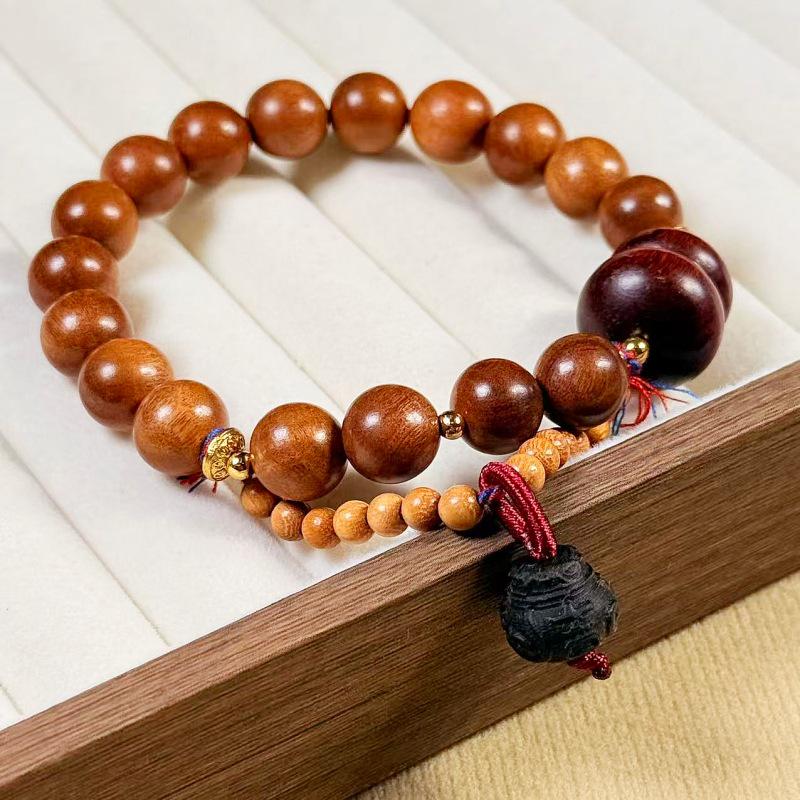 DIY Peach Wood Buddhist Beads Rosary Bracelet for Wealth and Prosperity - Gourd Charm Retro Style Unisex Jewelry
