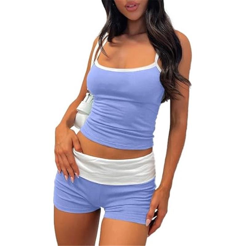 Women Casual 2 Piece Short Clothes Suits Slim Fit Streetwear Fashion Sleeveless Camisole Fold-Over Micro Shorts Set Outfits