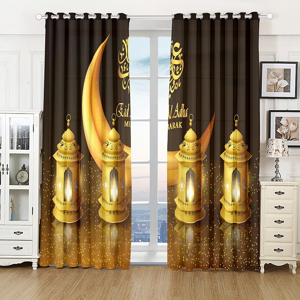 Islamic Traditional Festival Eid Curtain Luxury Living Room Bedroom Home Decor Shade Curtain 2 Panel Punch Hooks