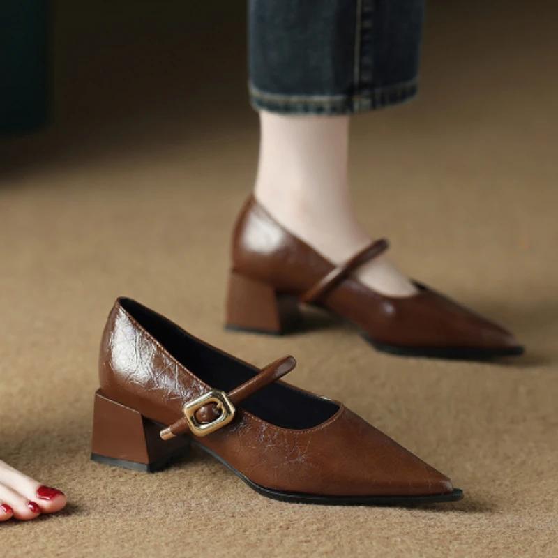 Fashion 2025 Spring Style Pointed Toe Square Heel Versatile Style Single Shoes Women's Shoes Medium Professional Buckle Dress High Heels