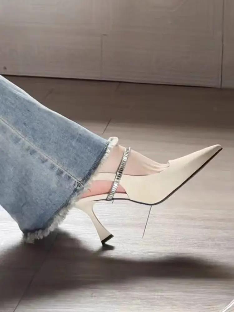 

Мода 2025 Черные босоножки с ремешком на пятке Женская обувь Весна Лето Туфли на каблуке Пуанты Высокие лодочки Элегантные на каблуке 35 бежевый